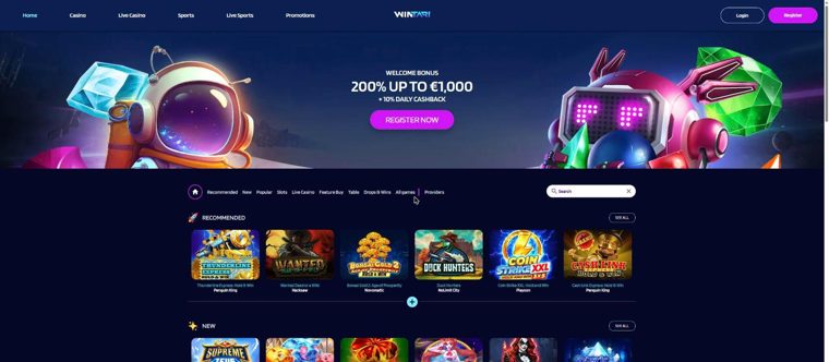 Homepage di Wintari con il bonus del 200%